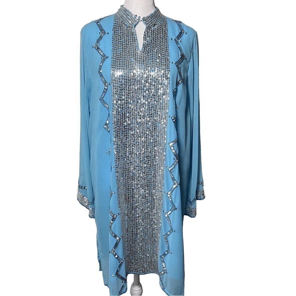 Marisol of India Tunic Dress Blue Chiffon Silver Sequins Embellished Beaded 14